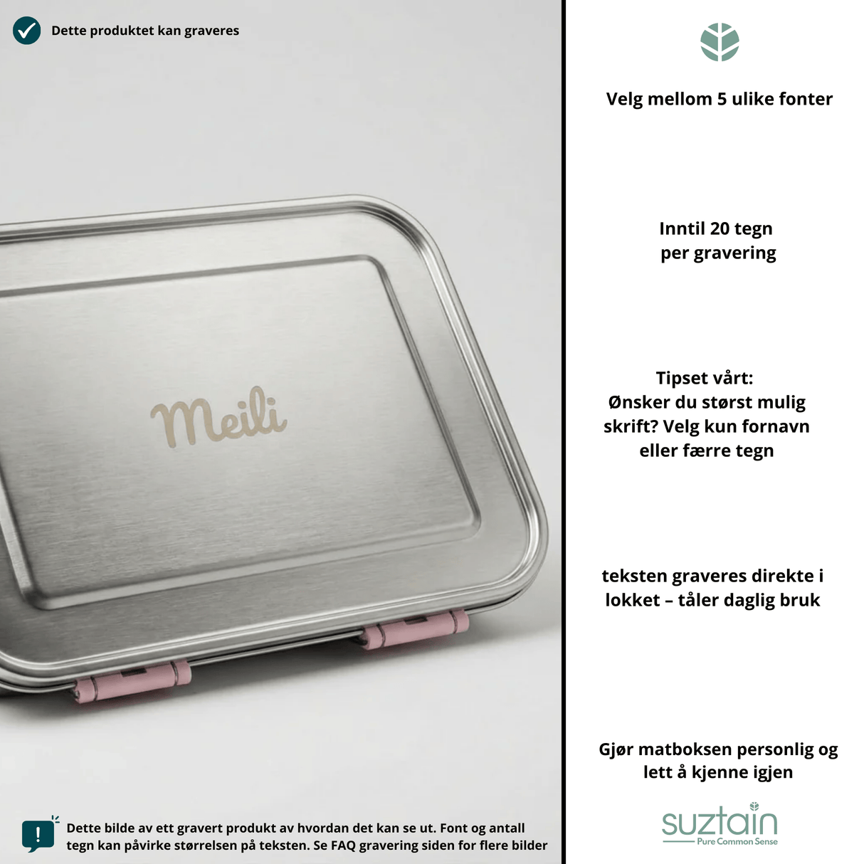 Suztain matboks i stål med 3 rom, rosa detaljer og gravert lokk for personlig preg