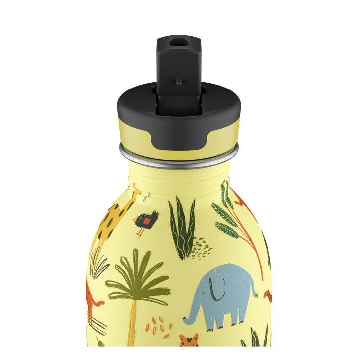 24Bottles Urban Drikkeflaske Barn 250 ml med Jungle Friends motiv i gult med dyr og planter, svart lokk