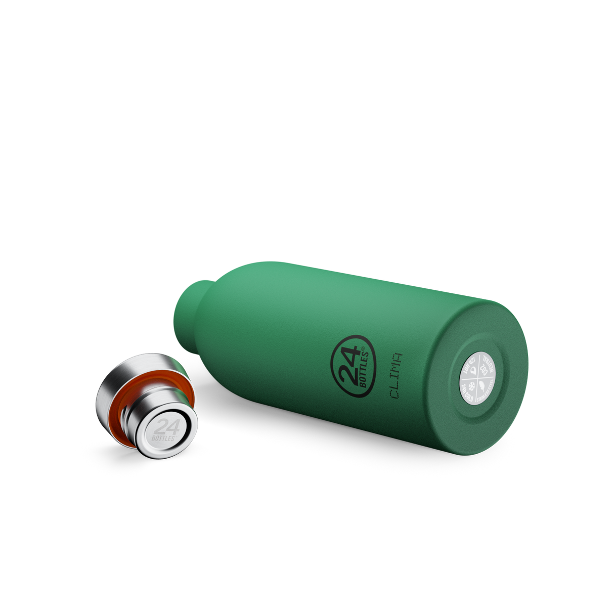 24Bottles Clima Bottle Emerald Green – Liggende termosflaske med bred åpning (3,3 cm) for enkel fylling av isbiter og rengjøring