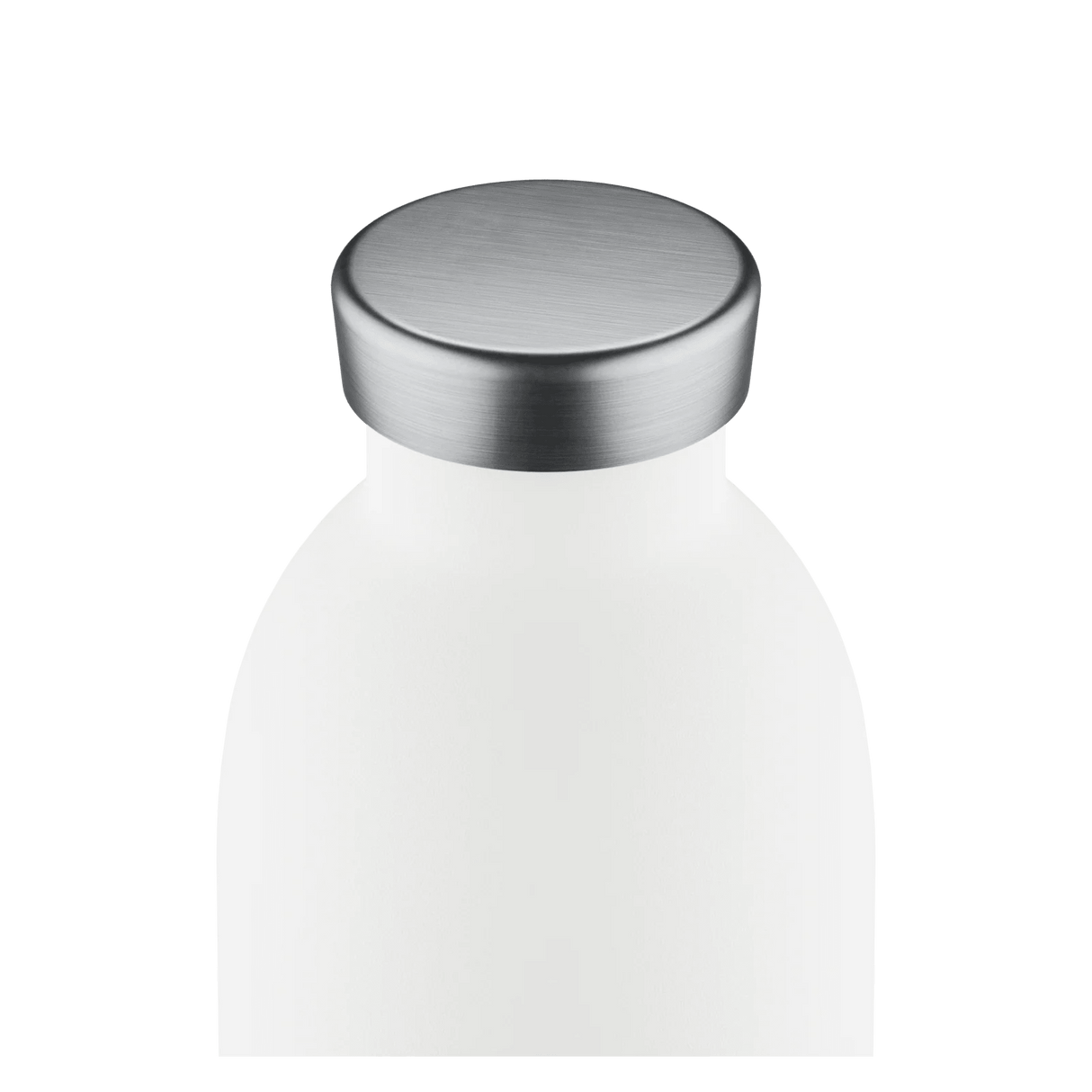 24Bottles Clima Drikkeflaske 330 ml Ice White i rustfritt stål, nærbilde av flaskens topp og kork