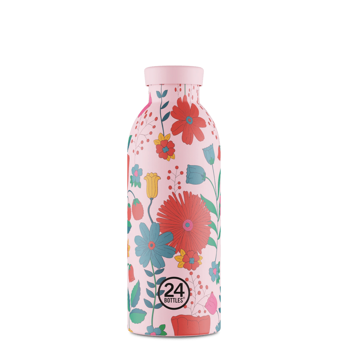 24Bottles Clima Drikkeflaske 500 ml Bloom Bloom Pink i rustfritt stål, sett forfra med korken på