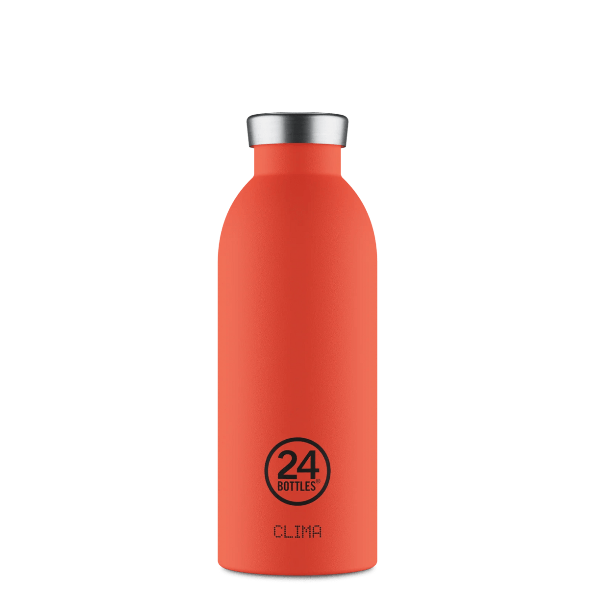 24Bottles Clima Drikkeflaske 500 ml Pachino i rustfritt stål, sett forfra med logo og modellnavn