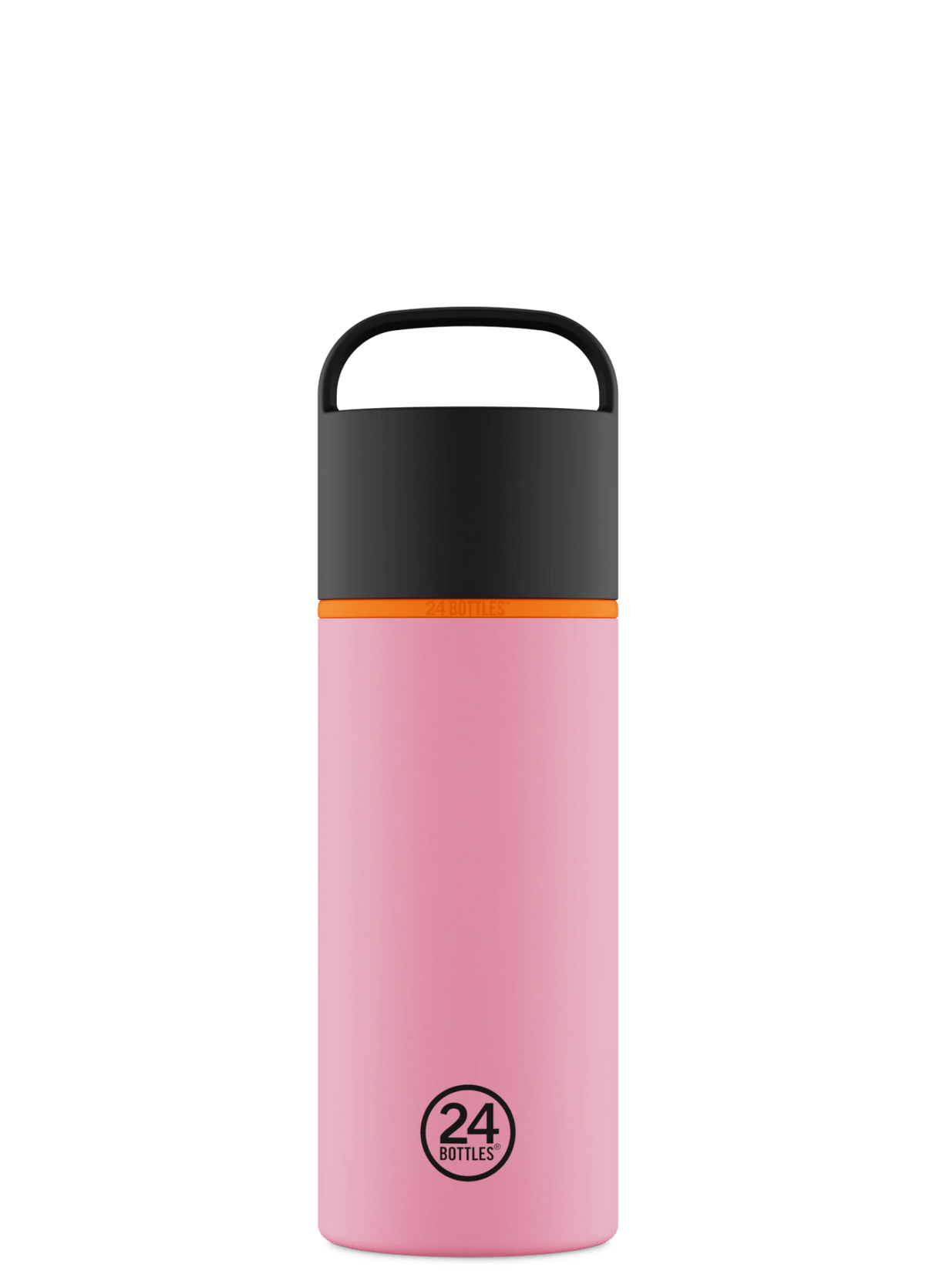 24Bottles Spin Drikkeflaske 730 ml Flamingo i rustfritt stål, med oransje detalj og svart lokk