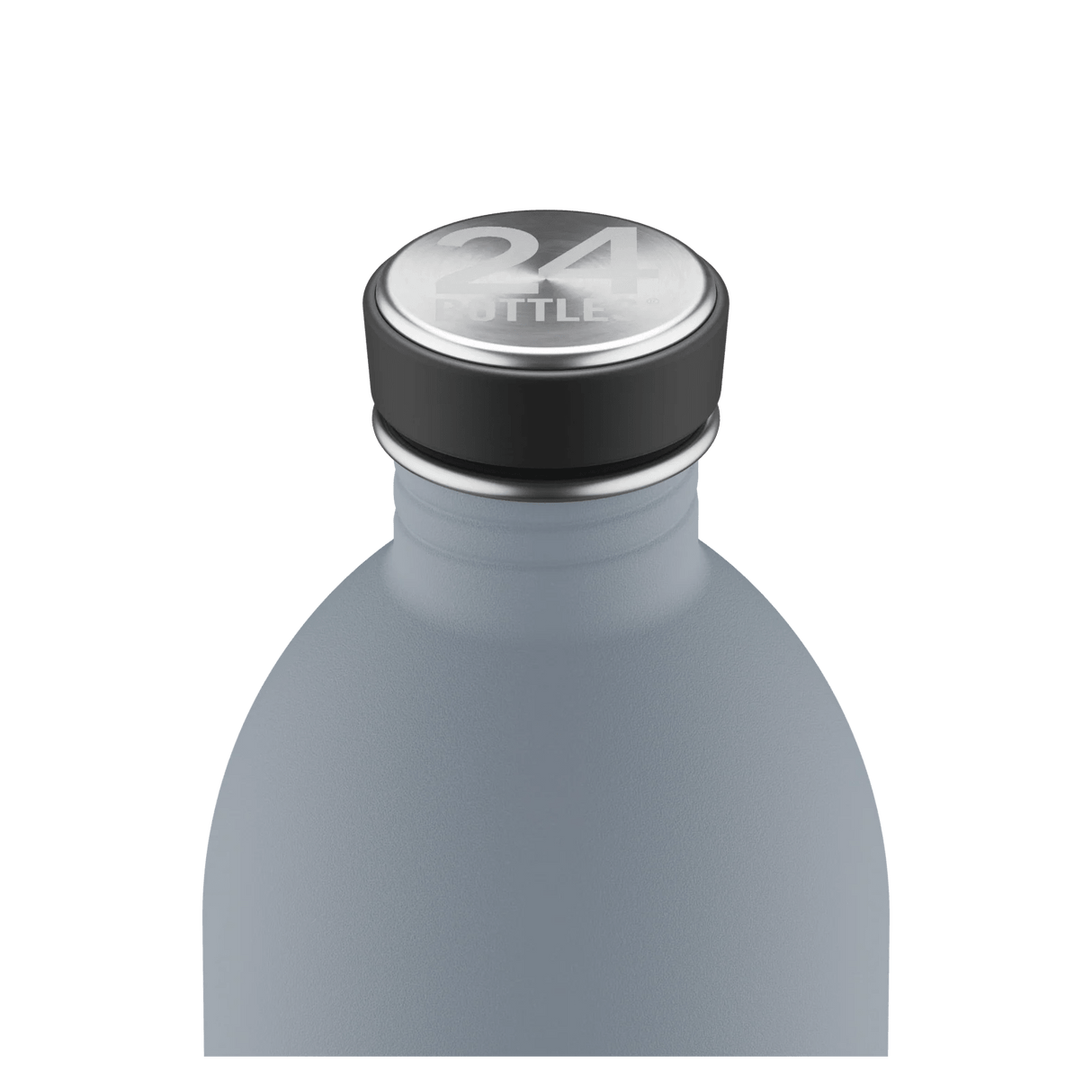 24Bottles Urban Drikkeflaske 1000 ml Formal Grey i rustfritt stål, nærbilde av flaskens topp med logo
