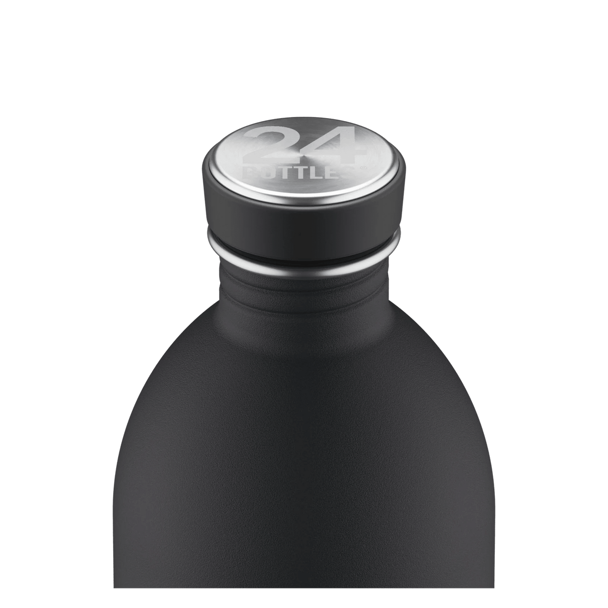 24Bottles Urban Drikkeflaske 1000 ml Tuxedo Black i rustfritt stål, nærbilde av flaskehals og kork