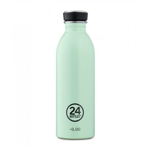 24Bottles Urban drikkeflaske 500 ml Aqua Green i rustfritt stål, sett forfra med logo og -0,08 markering