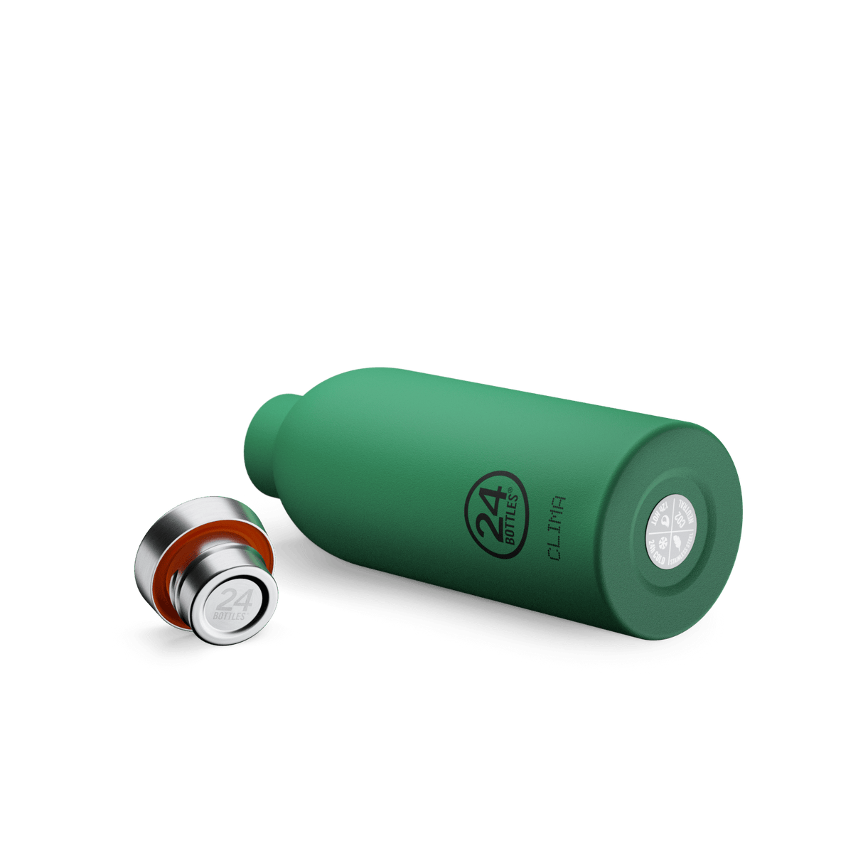 24Bottles Clima Bottle 500 ml Emerald Green i rustfritt stål, sett ovenfra med flaske og løs kork