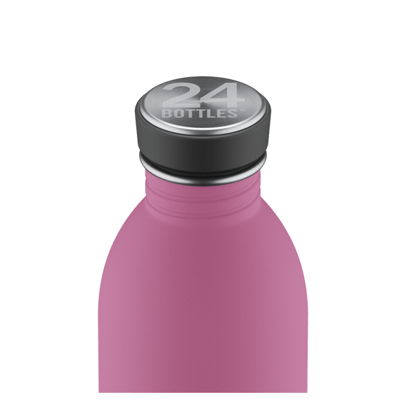 24Bottles Urban drikkeflaske 500 ml Mauve i rustfritt stål, nærbilde av flaskehals og kork med logo