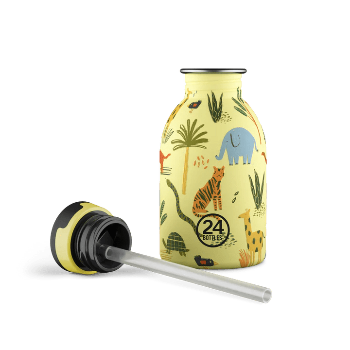 24Bottles Urban drikkeflaske barn 250 ml med jungeldyrmotiv i lysegul farge og avtagbart lokk