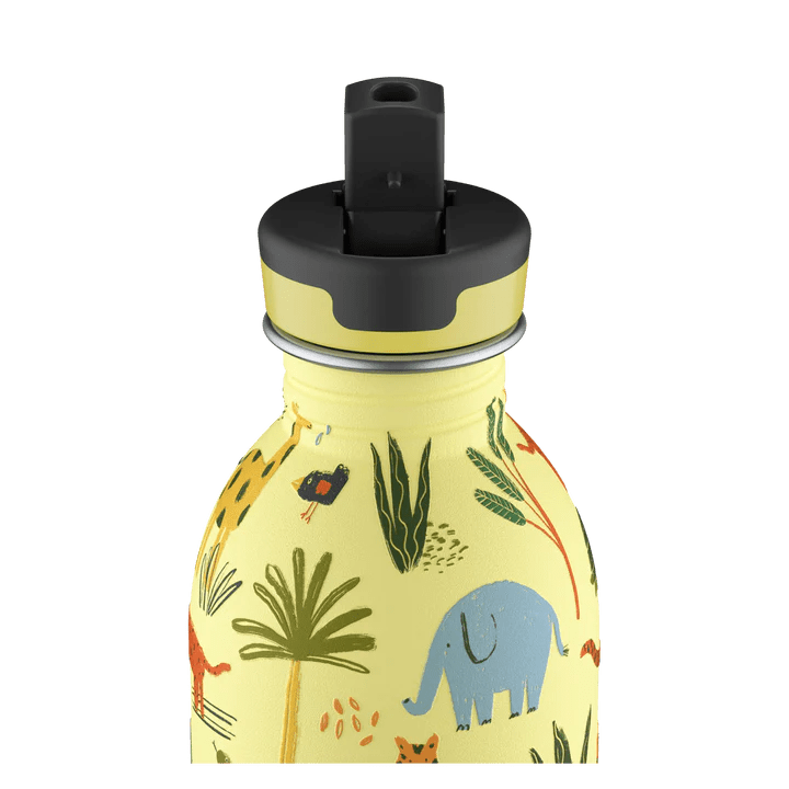 24Bottles Urban Drikkeflaske Barn 250 ml med Jungle Friends motiv i gult med dyr og planter, svart lokk