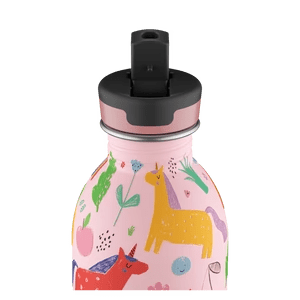 24Bottles Urban drikkeflaske barn 250 ml med fargerikt enhjørningsdesign på rosa bakgrunn
