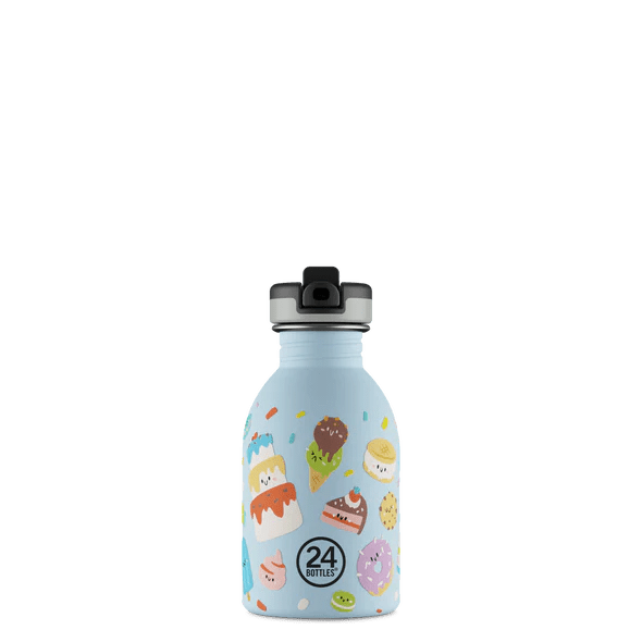 24Bottles Urban Drikkeflaske Barn 250 ml Sweet Friends i rustfritt stål med svart tut, sett fra skrått ovenfra