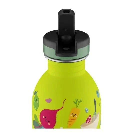24Bottles Urban Drikkeflaske Barn 250 ml Veggie Friends i rustfritt stål, nærbilde av flaskens øvre del