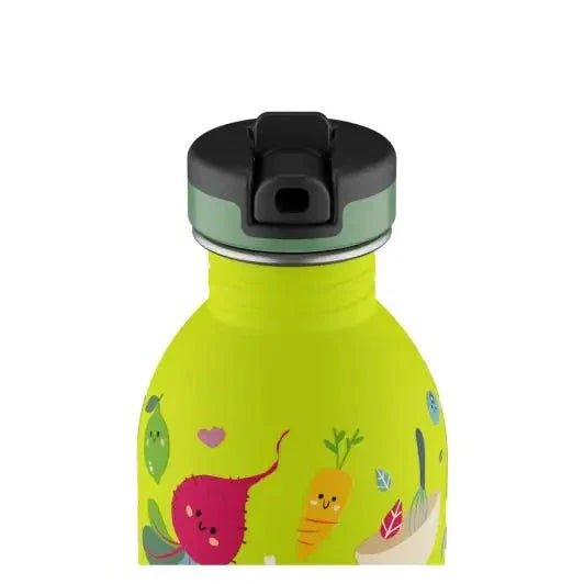 24Bottles Urban Drikkeflaske Barn 250 ml Veggie Friends i rustfritt stål, nærbilde av flaskehals og lokk