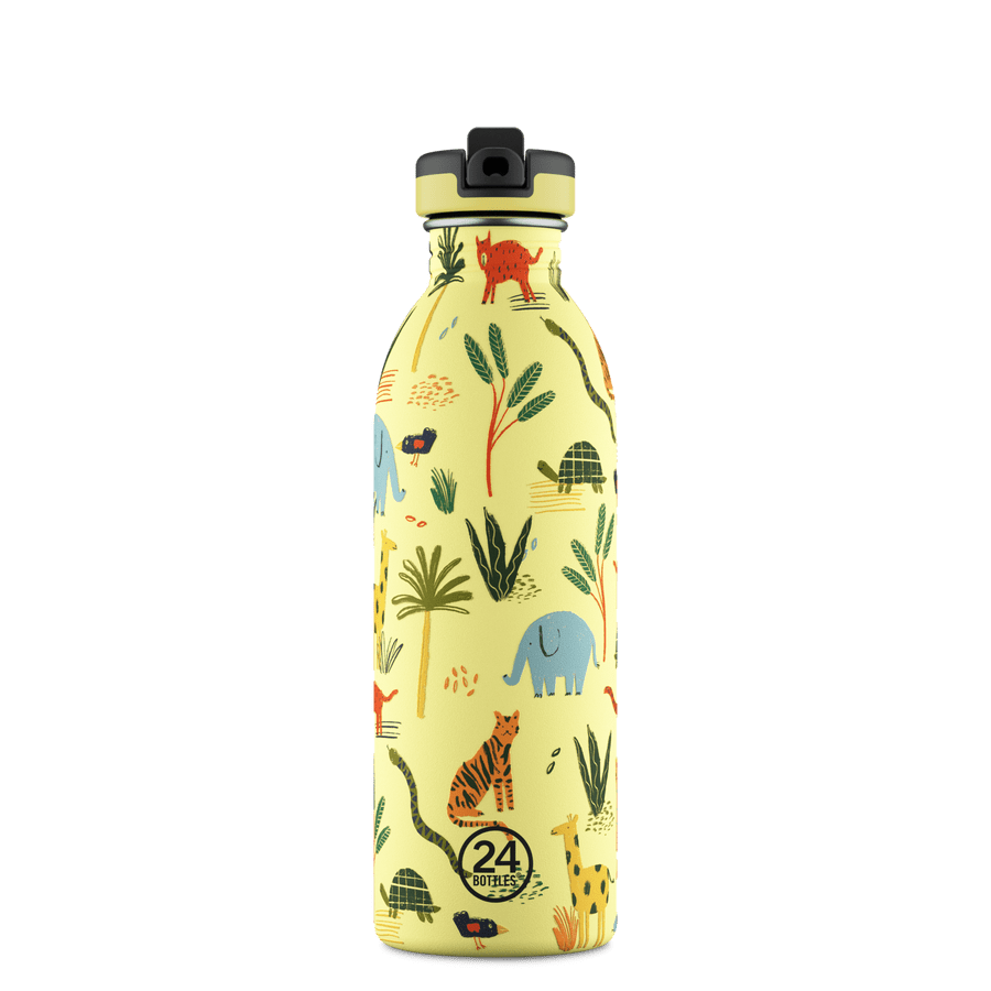 24Bottles Urban Drikkeflaske Barn 500 ml - Jungle Friends med drikketut, sett forfra på hvit bakgrunn