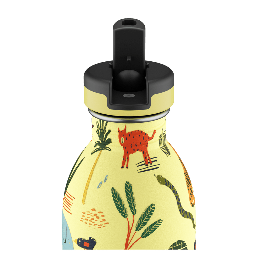 24Bottles Urban drikkeflaske barn 500 ml med jungelmotiv og svart lokk