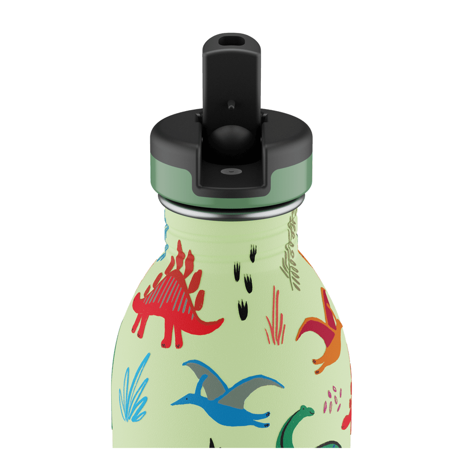 24Bottles Urban drikkeflaske barn 500 ml med dinosaurmønster og grønt lokk