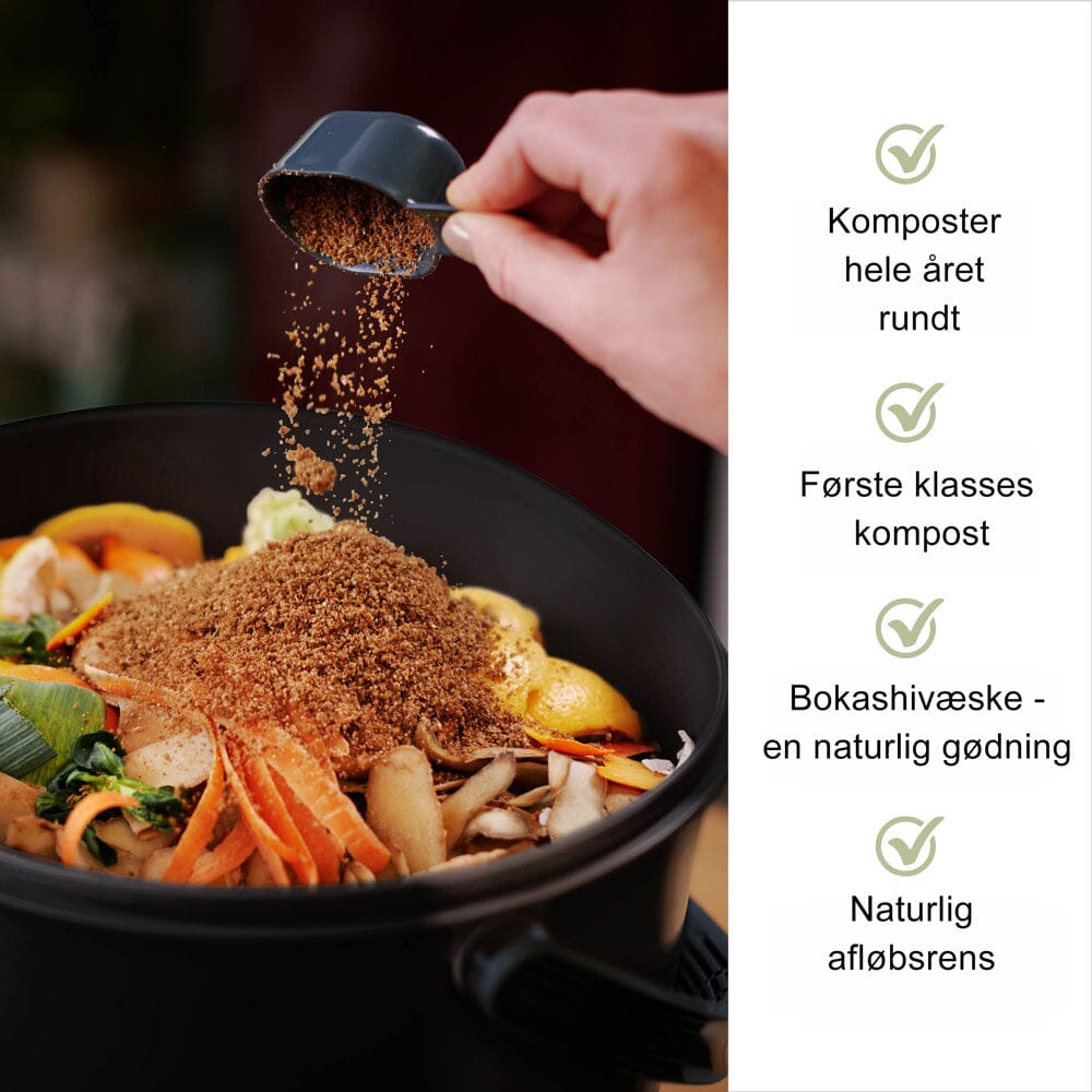 2 Bokashi Essence Kompostbøtter – Sort, inkl. 1 kg Bokashi-strø - Suztain.no