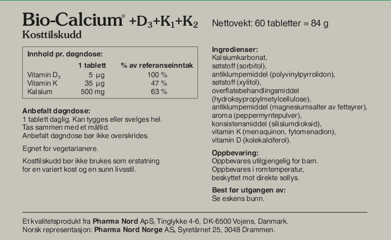 Pharma Nord Bio-Calcium+D3+K1+K2, bakside av esken med 60 tabletter og innholdsfortegnelse