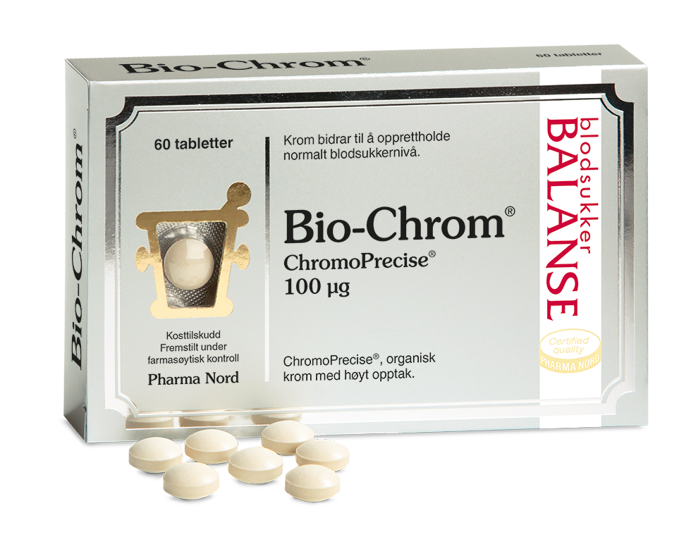 Pharma Nord Bio-Chrom ChromoPrecise 100 µg, eske med 60 tabletter og hvite tabletter foran