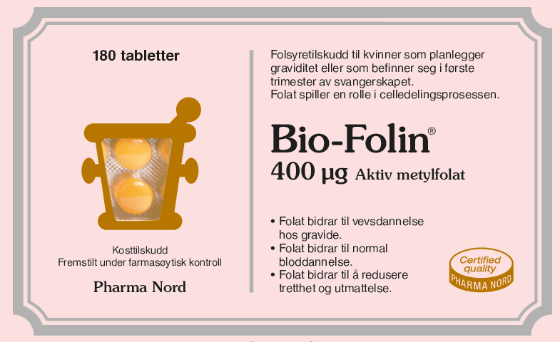 Pharma Nord Bio-Folin 400 µg, forside av fersken eske med 180 tabletter