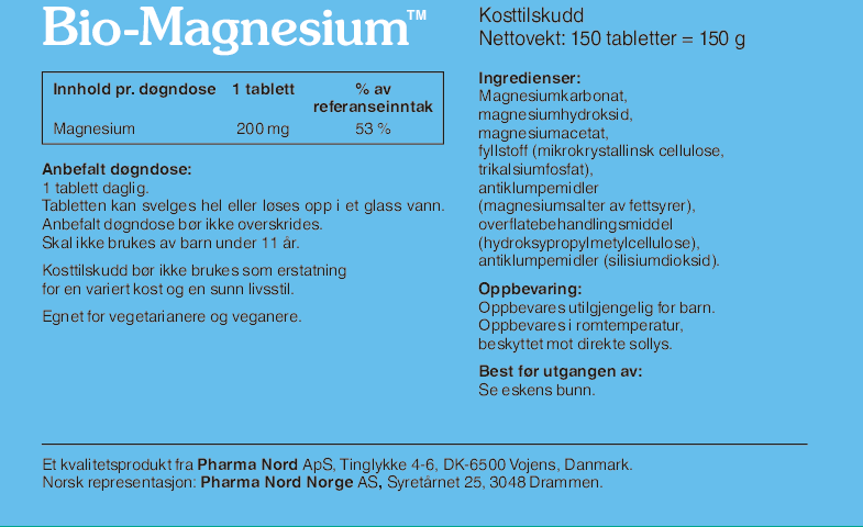 Pharma Nord Bio-Magnesium, bakside av esken med 150 tabletter og innholdsfortegnelse
