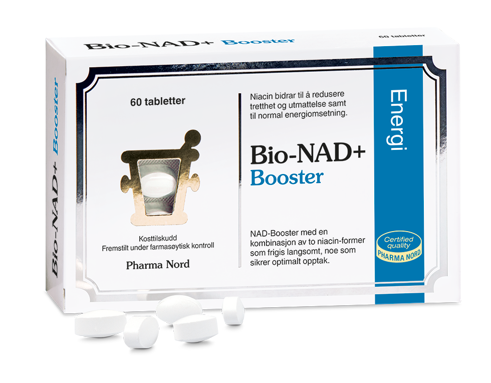 Pharma Nord Bio-NAD+ Booster, eske med 60 tabletter og hvite tabletter foran