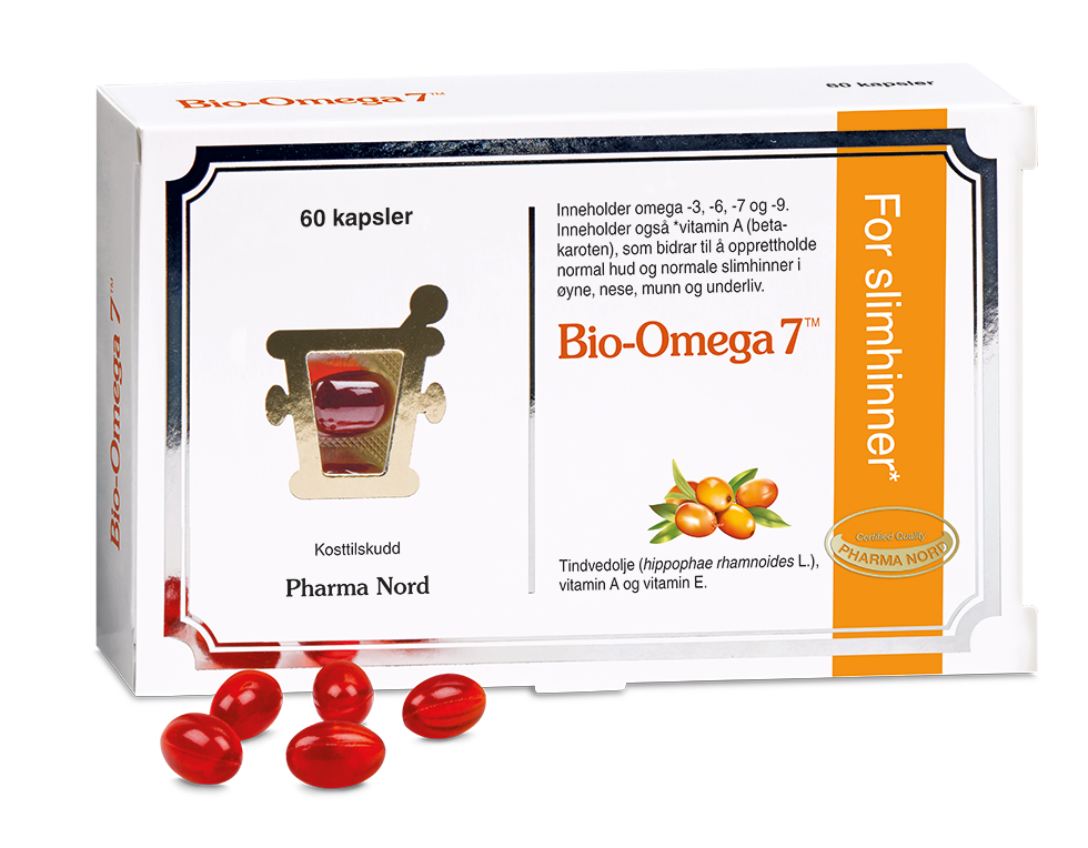 Pharma Nord Bio-Omega 7, eske med 60 kapsler og røde Omega-7-kapsler foran