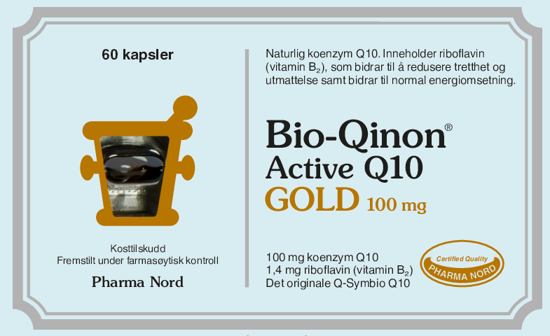 Pharma Nord Bio-Qinon Active Q10 Gold 100 mg, forside av brun eske med 60 kapsler