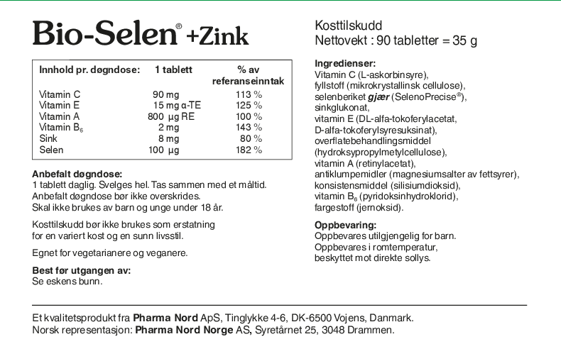 Pharma Nord Bio-Selen+Zink, bakside av esken med 90 tabletter og innholdsfortegnelse