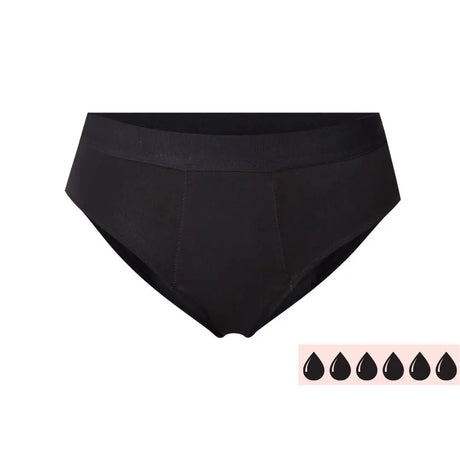 Comfydence Under Cover Menstruse i svart for heavy flow, med superabsorberende teknologi og utvidet dekning. Gjenbrukbar, elastisk og lekkasjesikker beskyttelse mot kraftig blødning