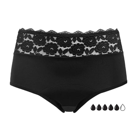 Bilde av Comfydence What's Up Menstruse i svart med høy blomstret blondekant for kraftig mens. Gjenbrukbar, ekstra absorberende og behagelig passform for en trygg, lekkasjefri hverdag.