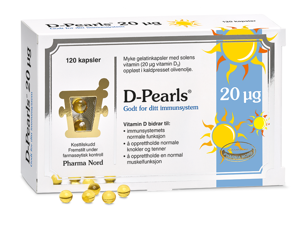 Pharma Nord D-Pearls 20 µg, eske med 120 kapsler og gule D-perler foran