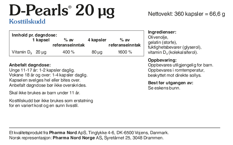 Pharma Nord D-Pearls 20 µg, bakside av esken med 360 kapsler og innholdsfortegnelse