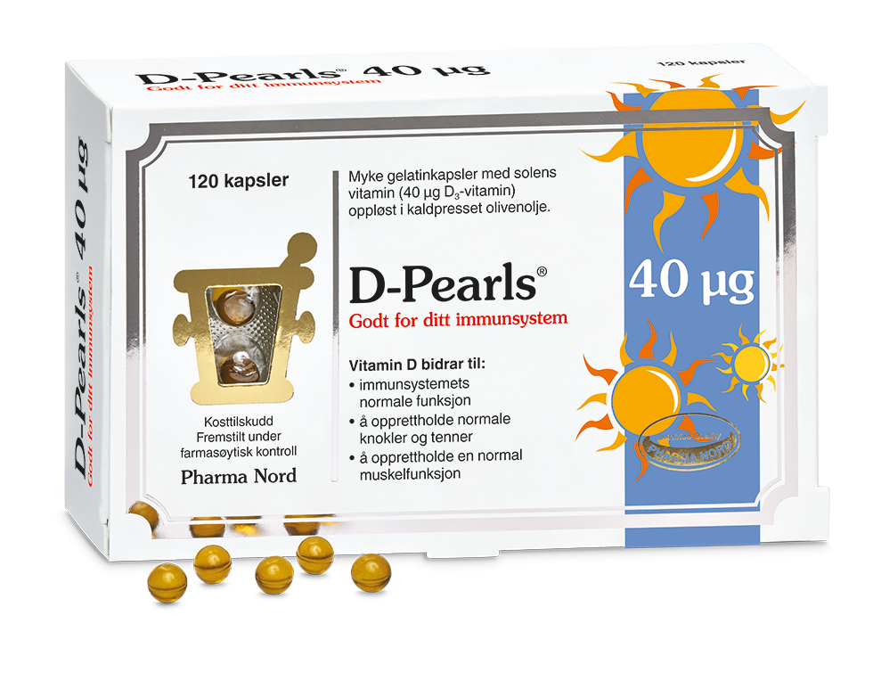 Pharma Nord D-Pearls 40 µg, eske med 120 kapsler og gule D-perler foran