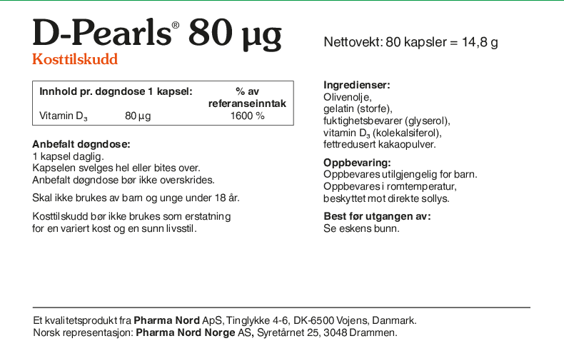 Pharma Nord D-Pearls 80 µg, bakside av esken med 80 kapsler og innholdsfortegnelse