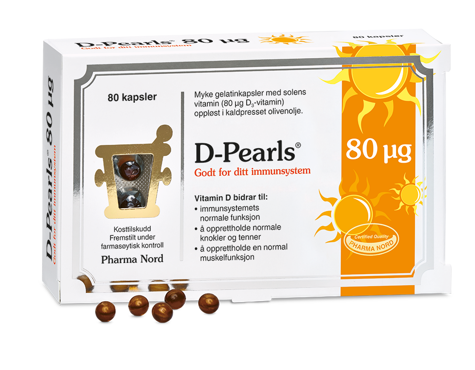 Pharma Nord D-Pearls 80 µg, eske med 80 kapsler og amberfargede D-perler foran