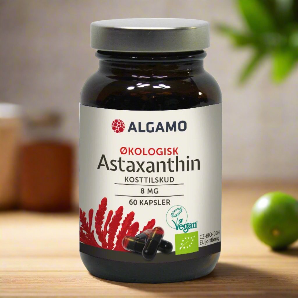 ALGAMO Astaxanthin Bio 8 mg – 60 kapsler i brunt glass.