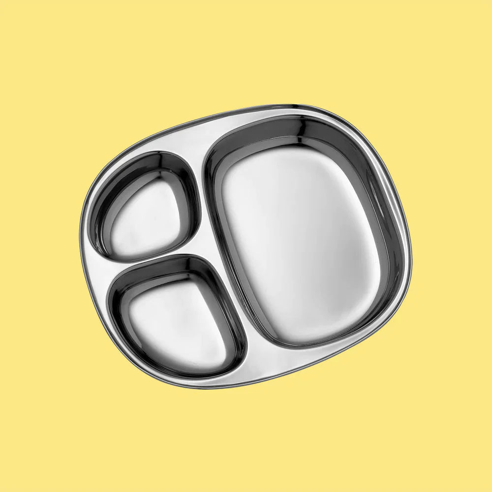 Stor Pulito Tallerken 3 Rom i rustfritt stål, en delt serveringstallerken med tre separate rom – robust, praktisk og lett, ideell for både hverdagsmåltider og utendørsaktiviteter for store og små.
