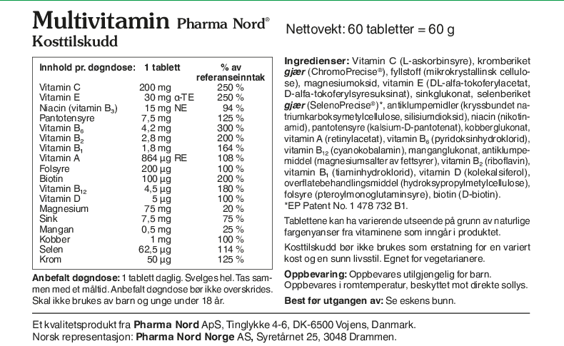 Pharma Nord Multivitamin, bakside av esken med 60 tabletter og innholdsfortegnelse