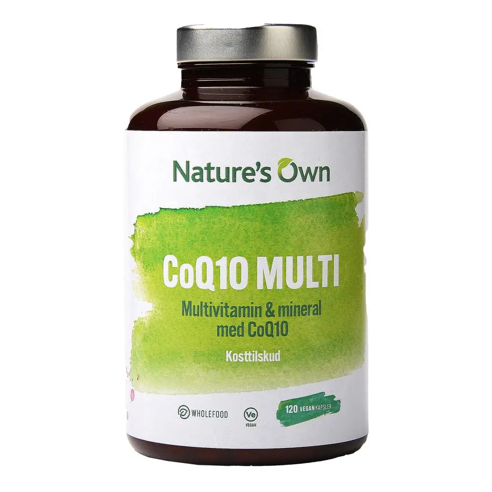 Nature’s Own CoQ10 Multi (120 kapsler) i brunt glass – et vegansk multivitamin- og mineraltilskudd med koenzym Q10, betaglukan og planteekstrakter for bred næringsstøtte og optimal helse.- Suztain.no