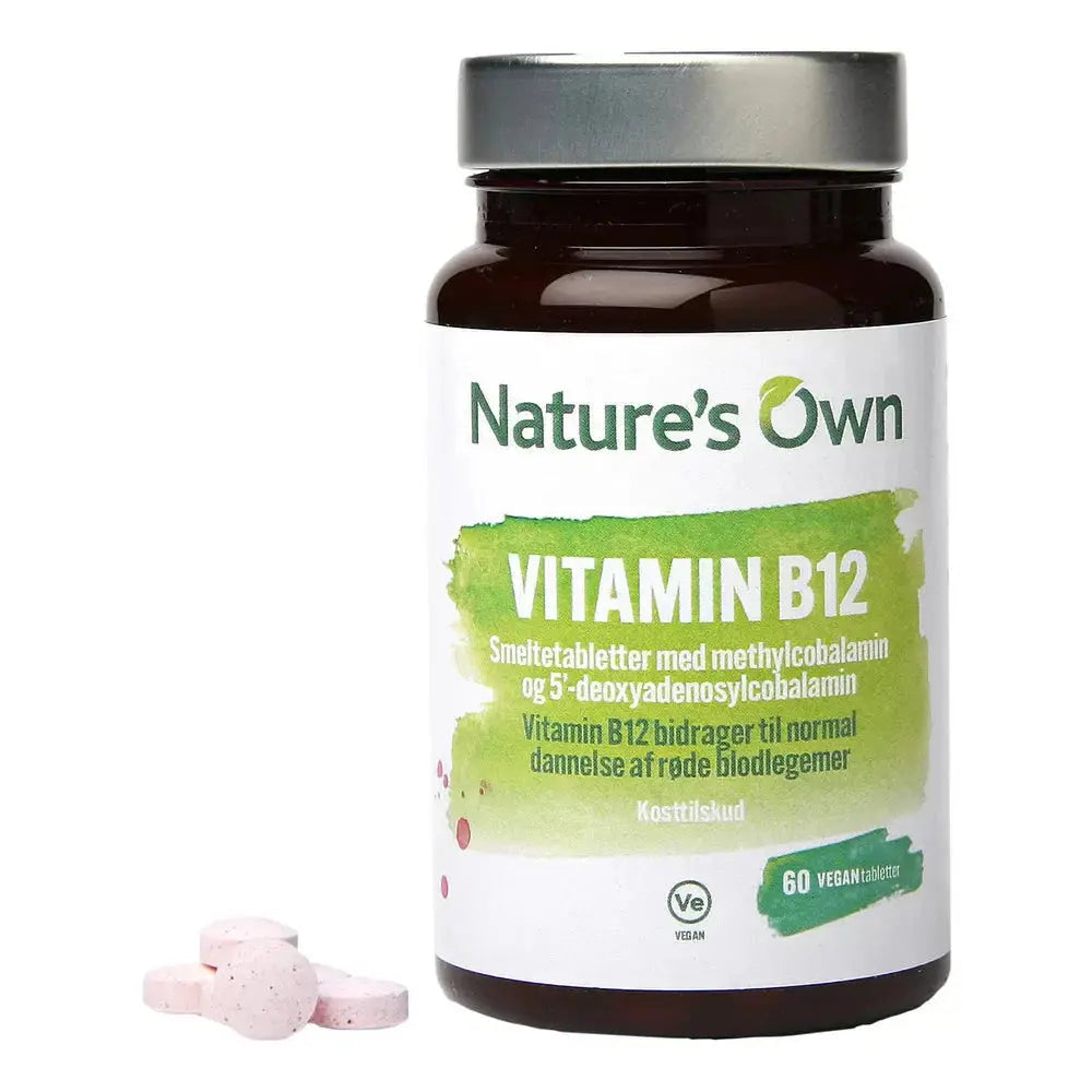 Nature’s Own Vitamin B12 (60 smeltetabletter) i brun glassflaske, vegansk metylkobalamin for raskt opptak.
