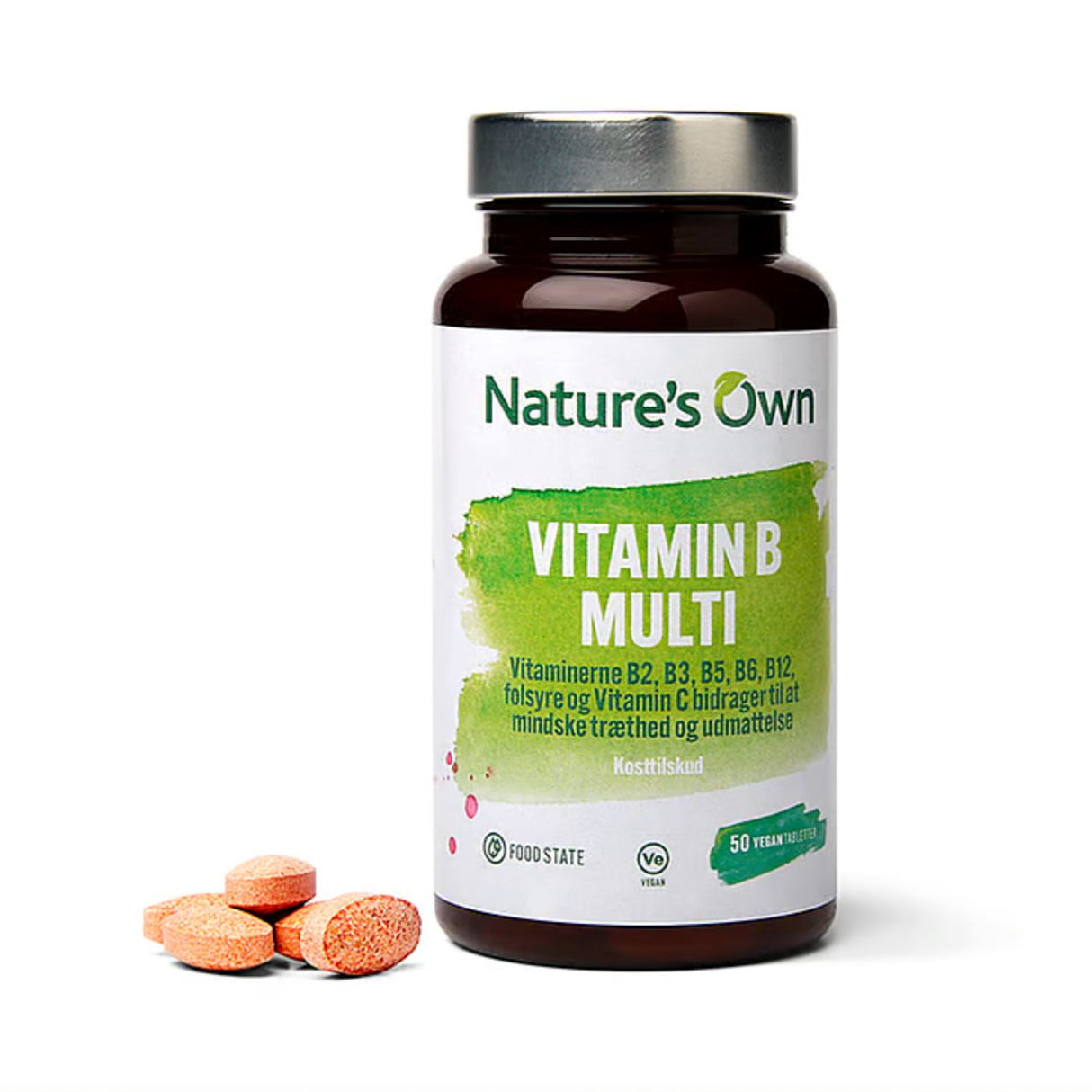 Nature’s Own Multi Vitamin B Extra (50 kapsler) i brun glassflaske, med B-vitaminer, vitamin C, inositol og kolin for normal energiomsetning og hudhelse.
