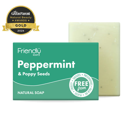 Friendly Soap Peppermint & Poppy Seeds-såpestykke (95 g) i grønn emballasje, gullvinner av The Green Parent Natural Beauty Awards 2024. 100 % naturlig, vegansk og plastfri – gir frisk duft og skånsom peeling