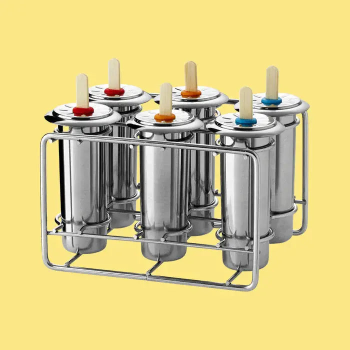 6 runde ispinneformer i rustfritt stål med retrodesign og bambusispinner, fri for skadelig kjemi, perfekt for å lage naturlige, hjemmelagde ispinner.