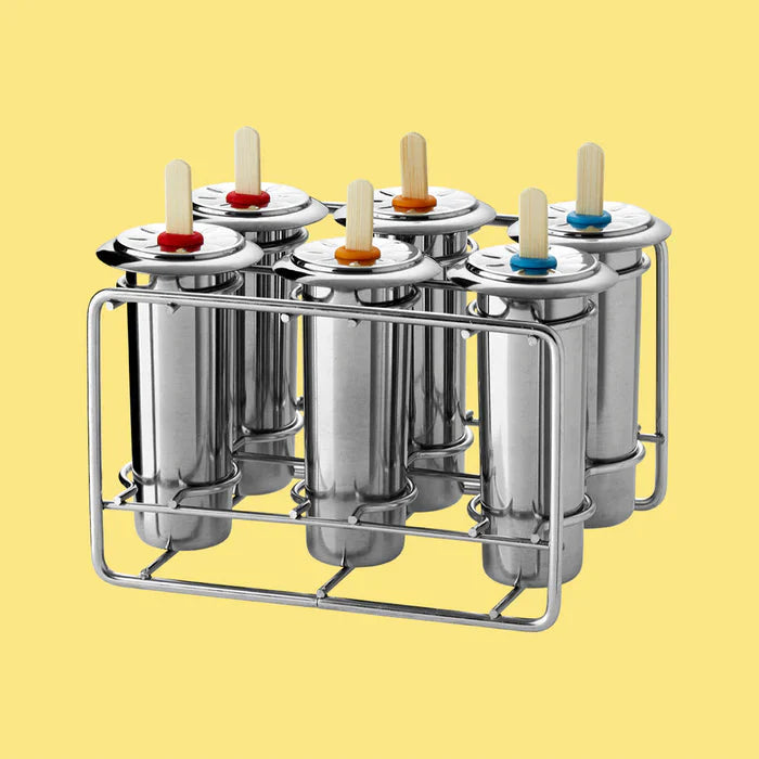 6 runde ispinneformer i rustfritt stål med retrodesign og bambusispinner, fri for skadelig kjemi, perfekt for å lage naturlige, hjemmelagde ispinner.