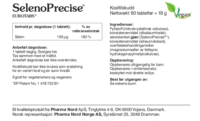 Pharma Nord SelenoPrecise, bakside av esken med 60 tabletter og innholdsfortegnelse