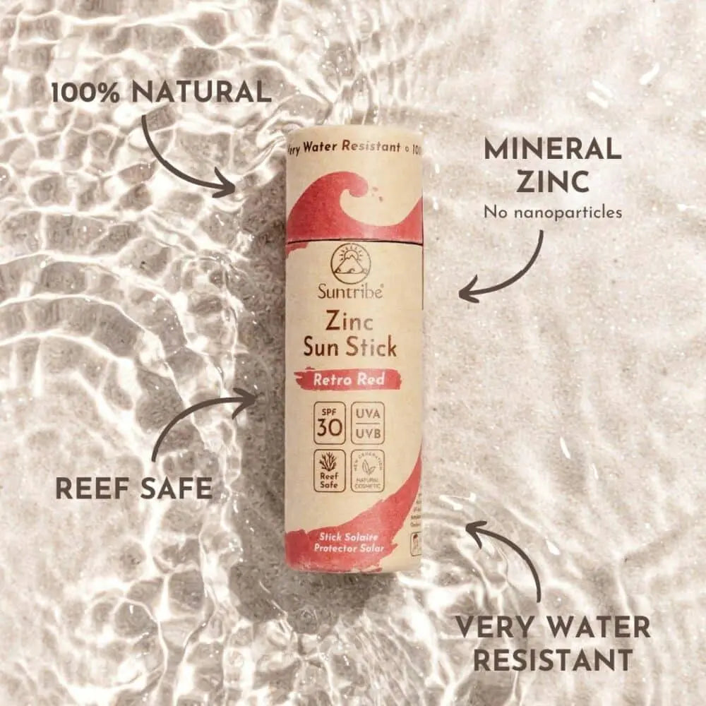 Suntribe Natural Mineral Zinc Sun Stick SPF 30 – Retro Red: 100 % naturlig, reef-safe, vannfast solkrem i plastfri pappstift med bredspektret UVA/UVB-beskyttelse.