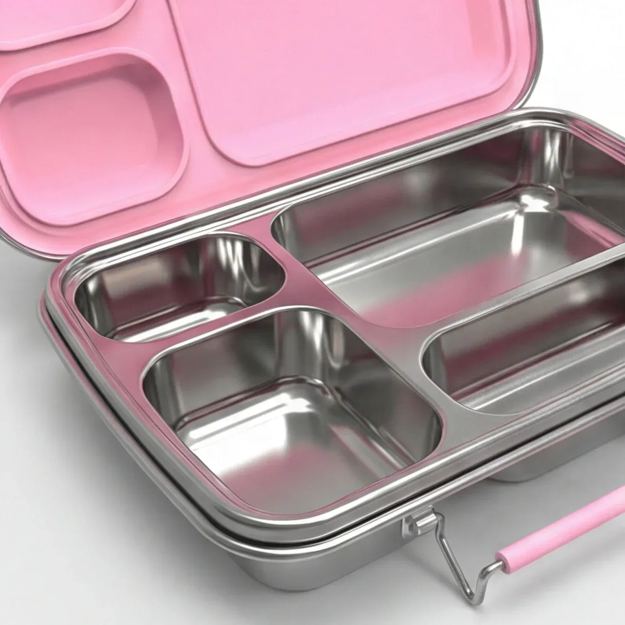 Suztain matboks i stål 4 rom med rosa lokk og håndtak, perfekt for organisering av lunsj.