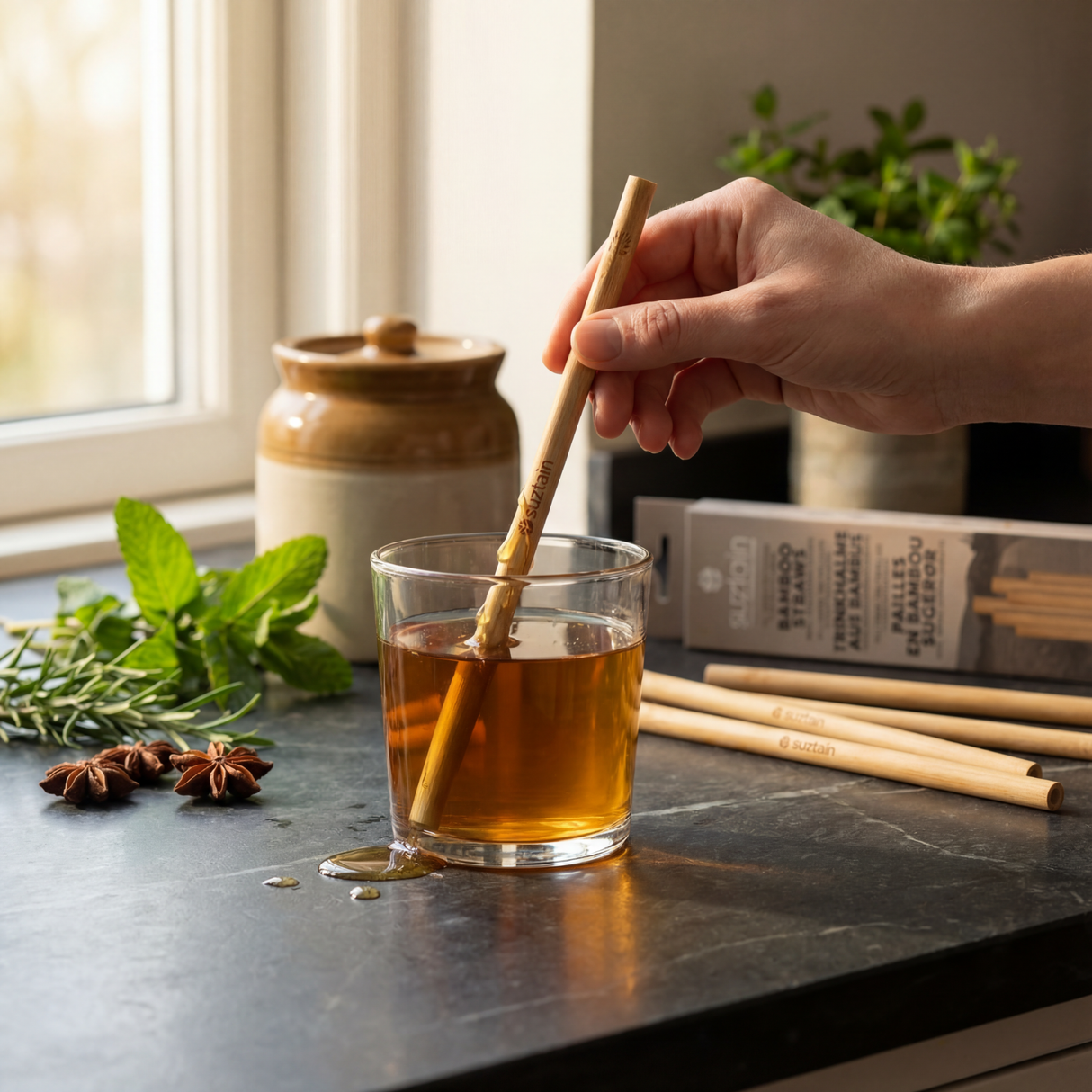 Suztain Gjenbrukbare bambus sugerør 5 mm – 12 stk + børste